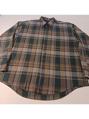 Puritan Button Up Long Sleeve Men's Plaid Green Shirt Collar Size Large